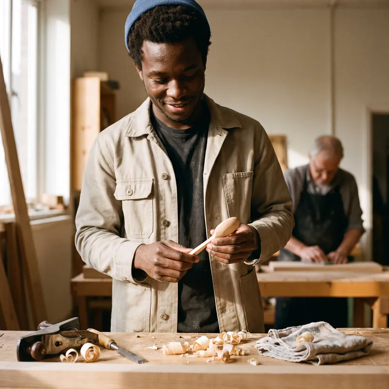A man carving wood at a bench in a sunlit workshop, a mentor working behind him