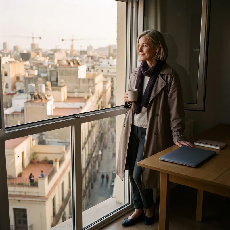 A woman with a cup of tea looking out over a city from a balcony window
