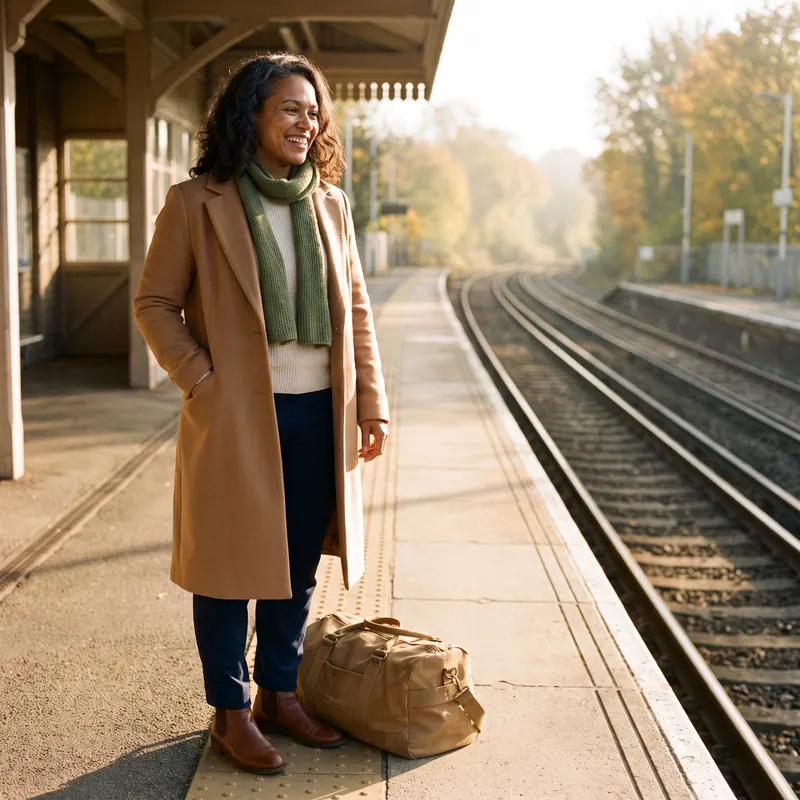 A woman smiling on a railway platform in autumn light, a bag at her feet